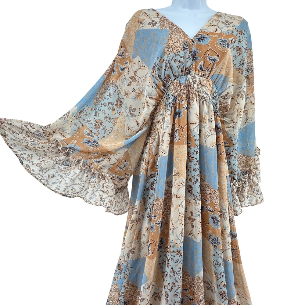 Dress Forum Ruffle Patchwork Maxi Dress Large Tan Cottage Prairie Peasant Boho